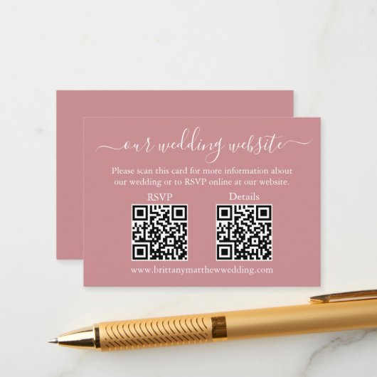Minimalistisch 2 QR Wedding RSVP Details Roos Informatiekaartje (Voorkant / Achterkant in situ)