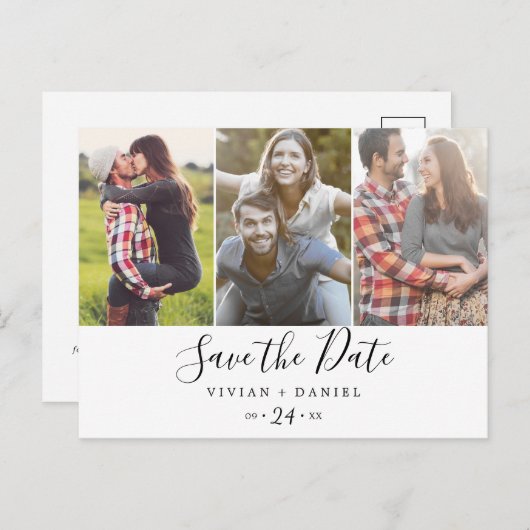 Minimalistisch 3 Foto Opslaan Datum Uitnodiging Briefkaart (Voorkant / Achterkant)