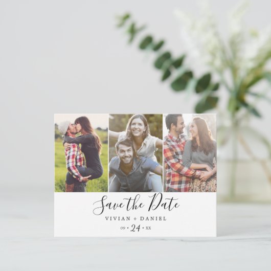 Minimalistisch 3 Foto Opslaan Datum Uitnodiging Briefkaart (Staand voorkant)