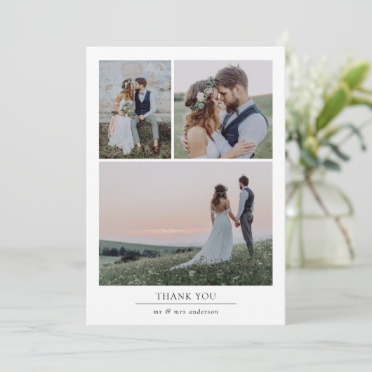 Minimalistisch 3 fotohuwelijk bedankkaart (Staand voorkant)
