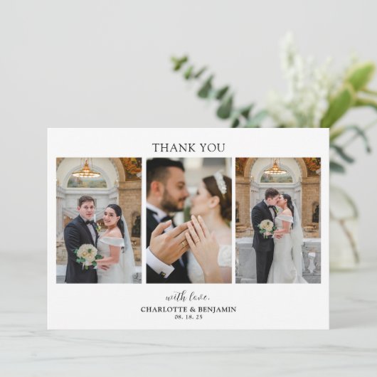 Minimalistisch 3-fotoscript bruiloft Hartelijk dan Bedankkaart (Staand voorkant)