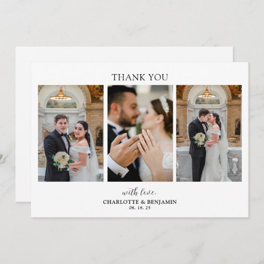 Minimalistisch 3-fotoscript bruiloft Hartelijk dan Bedankkaart (Voorkant / Achterkant)