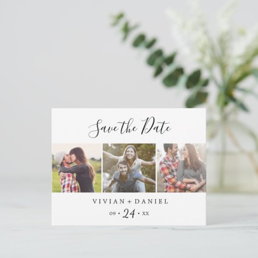 Minimalistisch 3 Fotosjabloon Opslaan datum Uitnodiging Briefkaart (Staand voorkant)