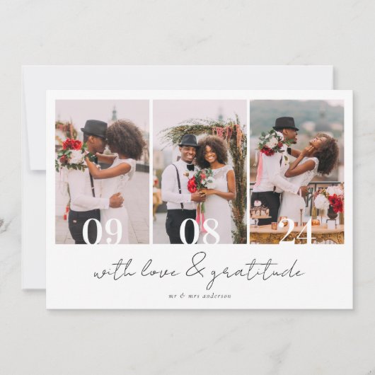 Minimalistisch 4 foto kalligrafie bruiloft bedankkaart (Voorkant)