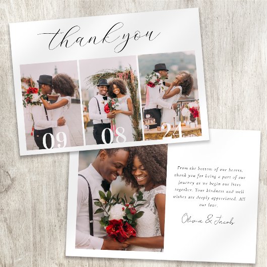Minimalistisch 4 foto kalligrafie bruiloft bedankkaart