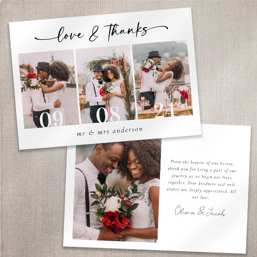 Minimalistisch 4 foto kalligrafie bruiloft bedankkaart