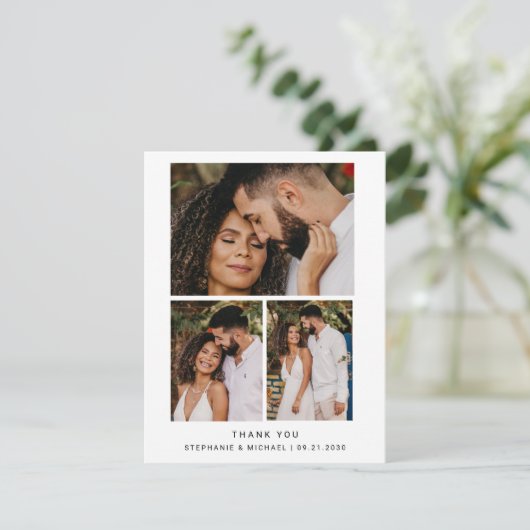 Minimalistisch 4 foto Modern Script bruiloft Bedankkaart (Staand voorkant)