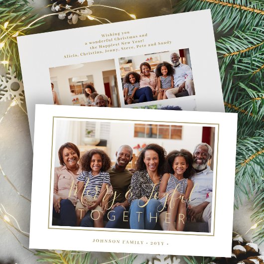 Minimalistisch 4 fotocollage gouden script kerst feestdagenkaart