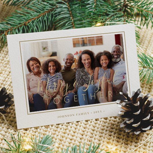 Minimalistisch 4 fotocollage gouden script kerst feestdagenkaart