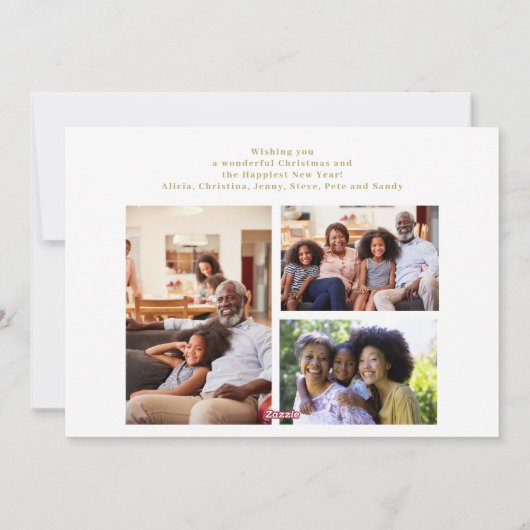 Minimalistisch 4 fotocollage gouden script kerst feestdagenkaart (Achterkant)