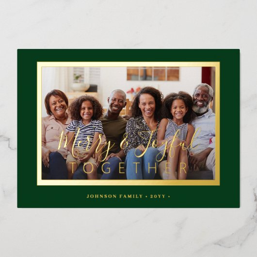 Minimalistisch 4 fotocollage gouden script kerst folie feestdagenkaart (Voorkant)