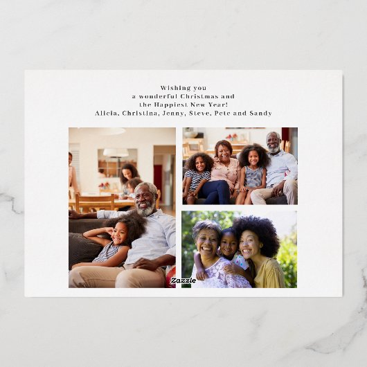 Minimalistisch 4 fotocollage gouden script kerst folie feestdagenkaart (Achterkant)