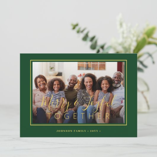 Minimalistisch 4 fotocollage groen goud Kerstmis Feestdagenkaart (Staand voorkant)