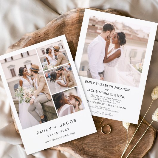 Minimalistisch 5-foto White Wedding Elegant Kaart