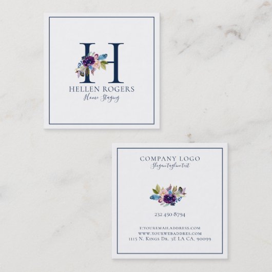 Minimalistisch aangepast bloemmonogram vierkante visitekaartje (Voorkant / Achterkant)