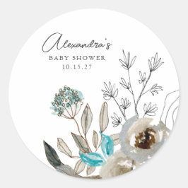 Minimalistisch aardeblauw botanisch Baby shower Ronde Sticker