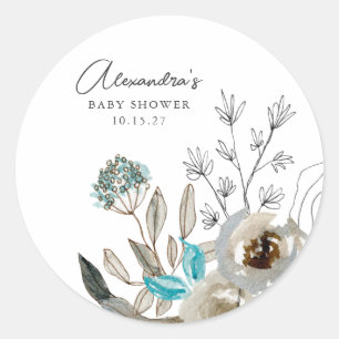 Minimalistisch aardeblauw botanisch Baby shower Ronde Sticker
