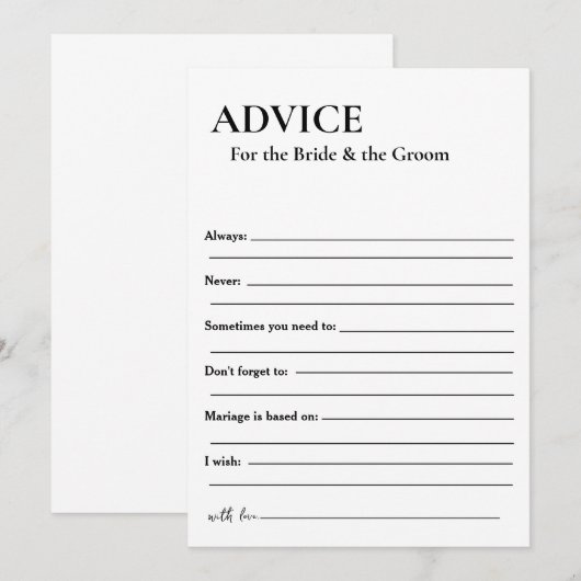 Minimalistisch advies voor de bruid en de bruidego kaart (Voorkant / Achterkant)