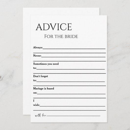 Minimalistisch advies voor de bruid kaart (Voorkant / Achterkant)