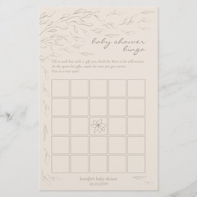 Minimalistisch afdrukbaar baby shower bingo spel (Voorkant)