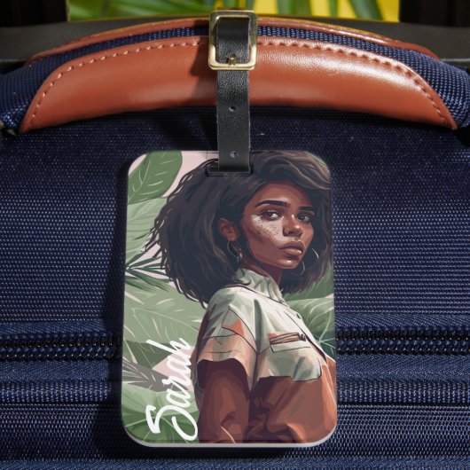 Minimalistisch Afro Black Girl met tropische blade Bagagelabel (Voorkant Insitu 2)