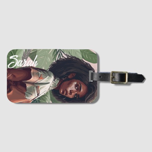 Minimalistisch Afro Black Girl met tropische blade Bagagelabel (Voorkant (horizontaal))