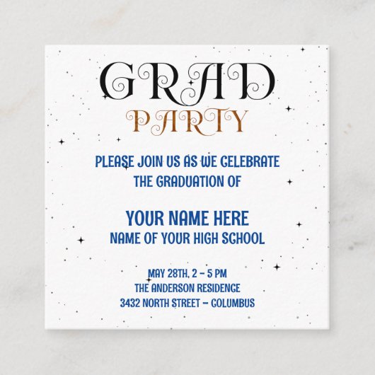 Minimalistisch Afstudeerder Party Blue Black & Whi Informatiekaartje (Voorkant)