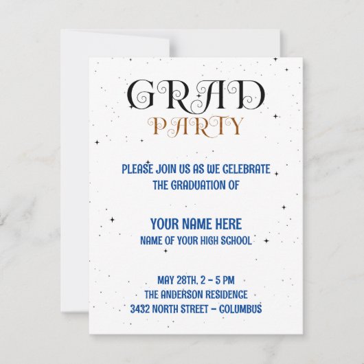 Minimalistisch Afstudeerder Party Blue Black & Whi RSVP Kaartje (Voorkant)