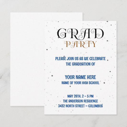 Minimalistisch Afstudeerder Party Blue Black & Whi RSVP Kaartje (Voorkant / Achterkant)