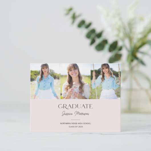 Minimalistisch Afstuderen Blush Pink 3-Foto's Afst Briefkaart (Staand voorkant)