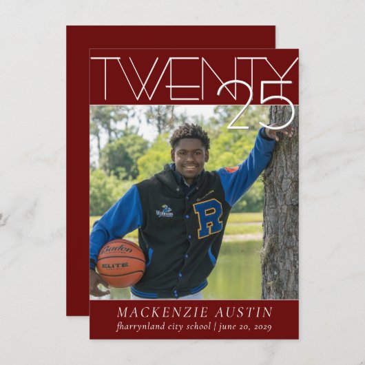 Minimalistisch Afstuderen | Donkerrode en witte fo Kaart (Voorkant / Achterkant)