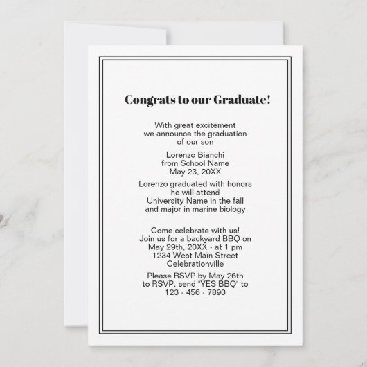 Minimalistisch Afstuderen met zwarte en witte comp Aankondiging (Achterkant)