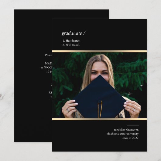 Minimalistisch Afstuderen zwart Gold-fotoAfstudere Kaart (Voorkant / Achterkant)