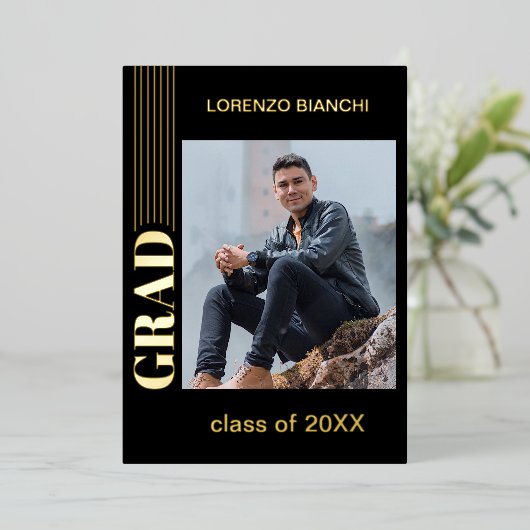 Minimalistisch Afstuderen zwarte goudolie - aankon Folie Uitnodiging (Staand Voorkant)