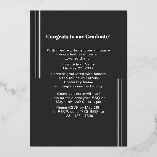 Minimalistisch Afstuderen zwarte goudolie - aankon Folie Uitnodiging (Achterkant)