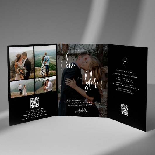 Minimalistisch alles in één foto collage QR bruilo Drieluik Uitnodiging