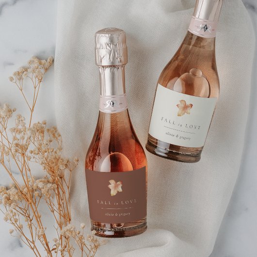 Minimalistisch Autumn Leaf "Herfst in liefde", gep Sparkling Wijnetiket