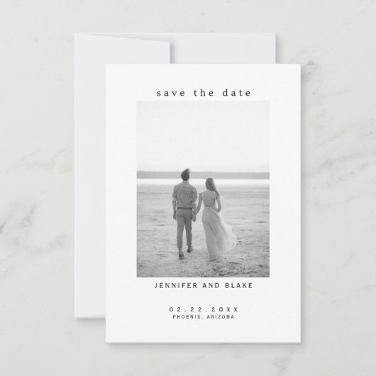 Minimalistisch B/W-fotohuwelijk sparen de datum (Voorkant)