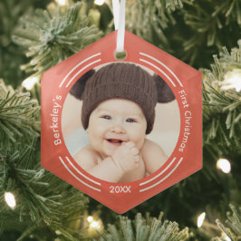 Minimalistisch Baby Foto Oranje eerste Kerstmis Glas Ornament