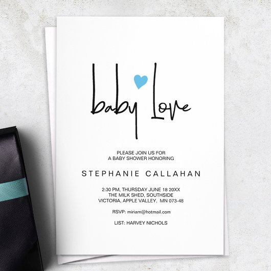 Minimalistisch Baby Love Shower Uitnodiging blauw