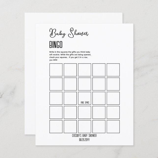 Minimalistisch Baby shower Bingo (Voorkant / Achterkant)