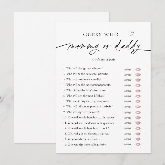 Minimalistisch Baby shower Mama of Daddy Game Kaar Kaart (Voorkant / Achterkant)