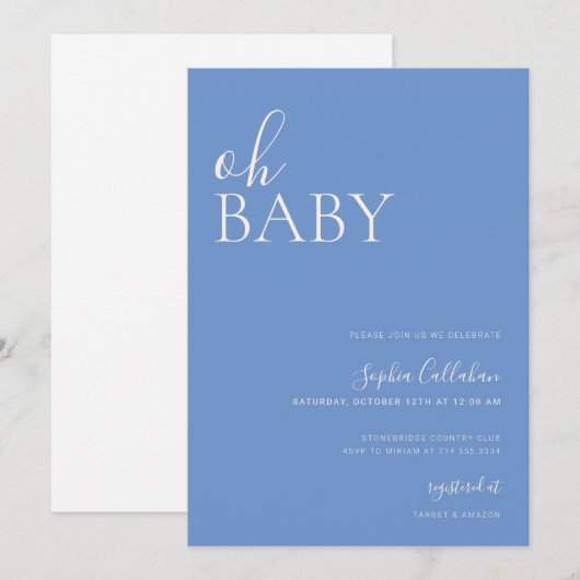 Minimalistisch Baby shower Neutrale Blauwe Uitnodi Kaart (Voorkant / Achterkant)