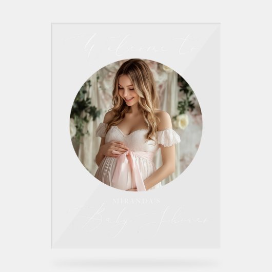 Minimalistisch Baby shower Ronde foto Welkom Acryl Bord (Voorkant)