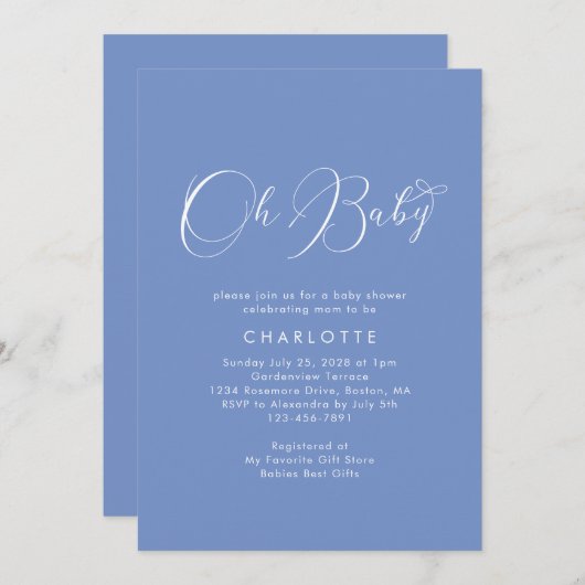Minimalistisch Baby shower Script Blue Invitation Kaart (Voorkant / Achterkant)