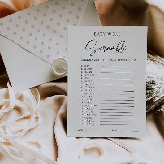 Minimalistisch Baby shower spel – Word scramble Kaart