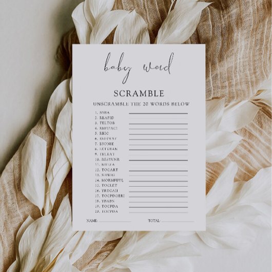 Minimalistisch Baby shower spel – Word scramble Kaart