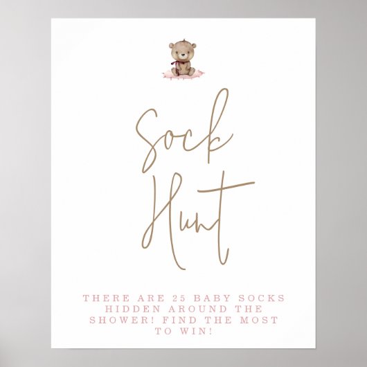 Minimalistisch Baby shower Teddy Bear Sock Hunt Poster (Voorkant)