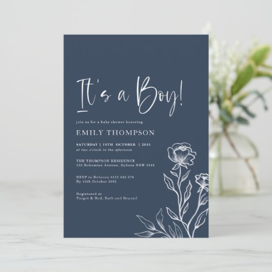 Minimalistisch Baby shower van een blauw botanisch Kaart (Staand voorkant)