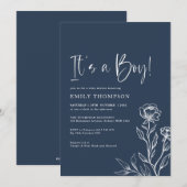 Minimalistisch Baby shower van een blauw botanisch Kaart (Voorkant / Achterkant)